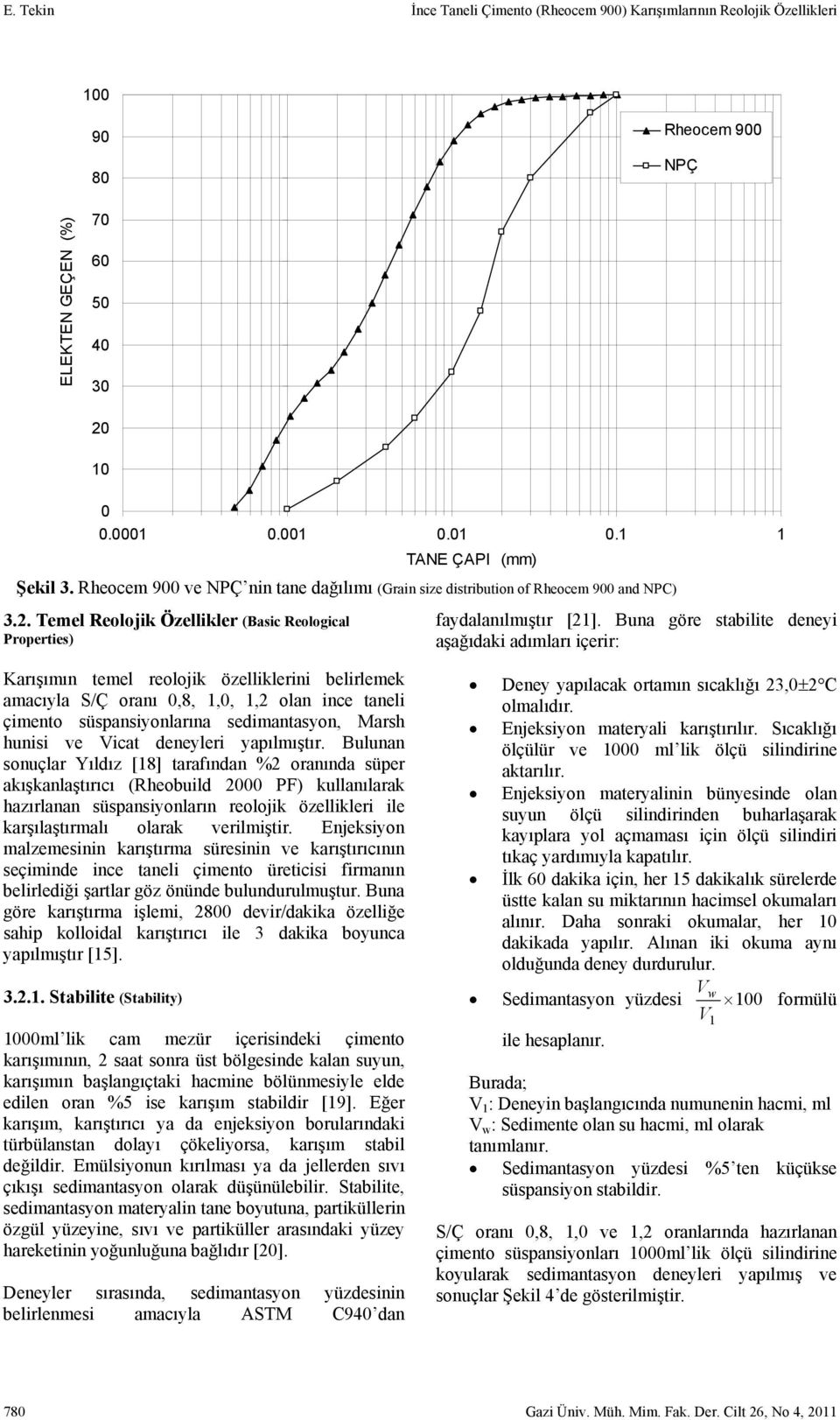 Buna göre stabilite deneyi aşağıdaki adımları içerir: Karışımın temel reolojik özelliklerini belirlemek amacıyla S/Ç oranı 0,8, 1,0, 1,2 olan ince taneli çimento süspansiyonlarına sedimantasyon,