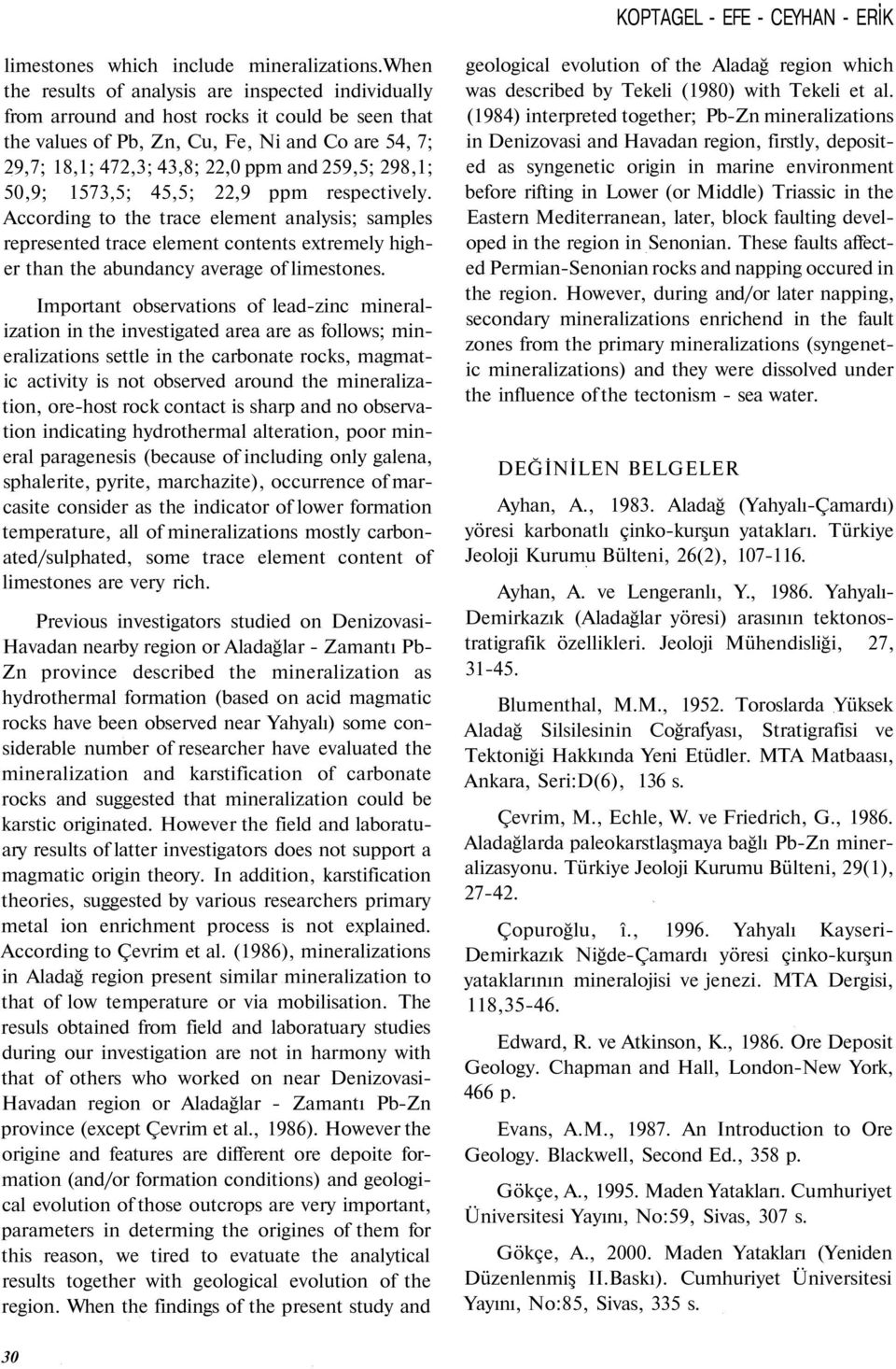 259,5; 298,1; 50,9; 1573,5; 45,5; 22,9 ppm respectively. According to the trace element analysis; samples represented trace element contents extremely higher than the abundancy average of limestones.