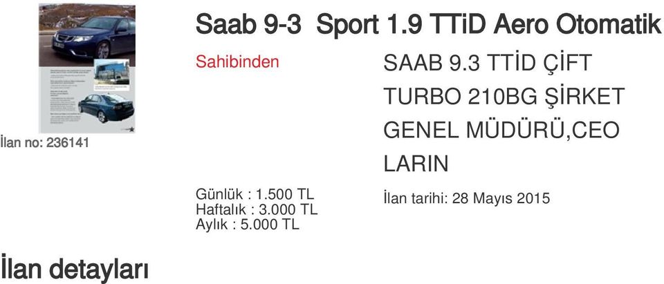 500 TL Haftalık : 3.000 TL Aylık : 5.000 TL SAAB 9.