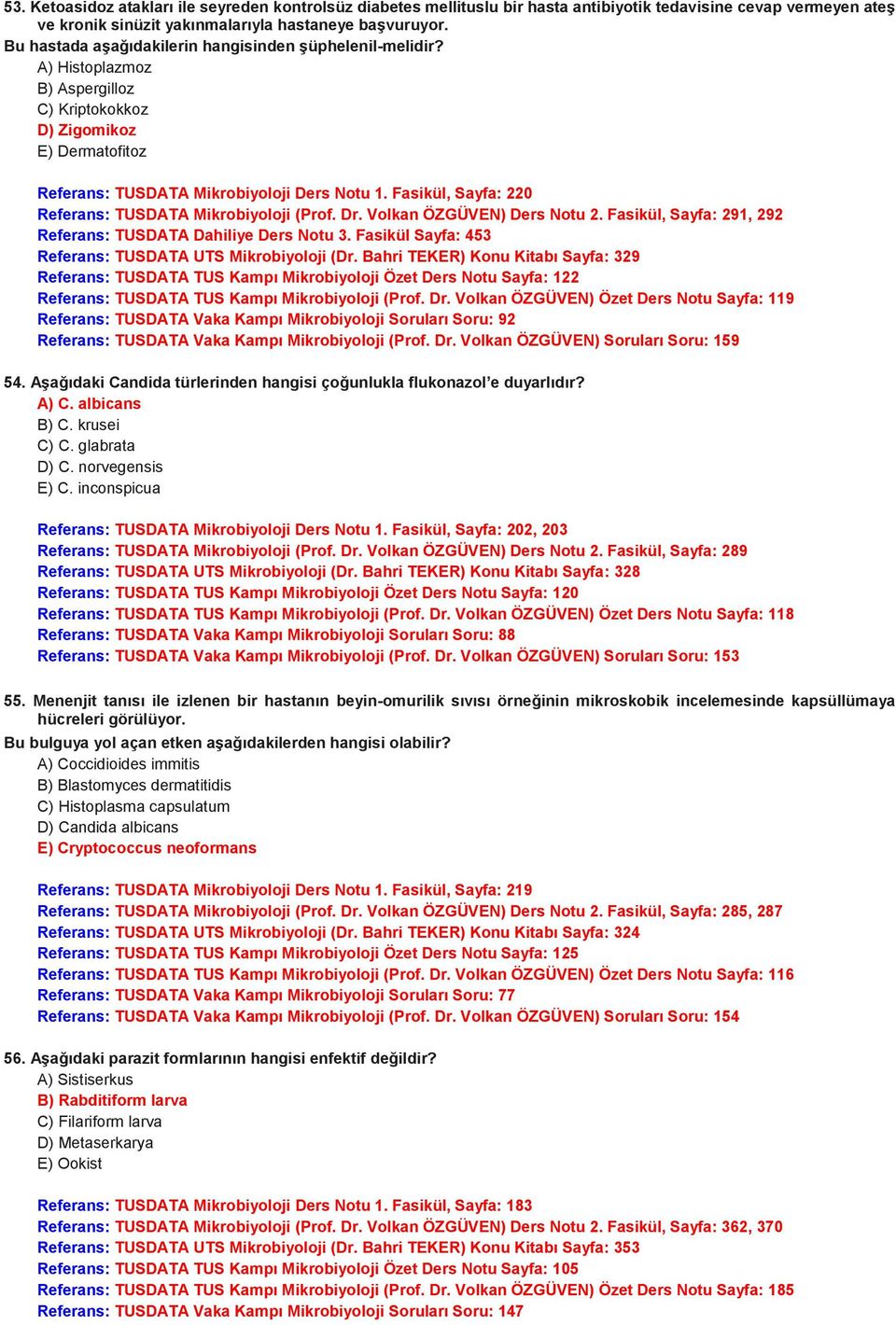 Fasikül, Sayfa: 220 Referans: TUSDATA Mikrobiyoloji (Prof. Dr. Volkan ÖZGÜVEN) Ders Notu 2. Fasikül, Sayfa: 291, 292 Referans: TUSDATA Dahiliye Ders Notu 3.