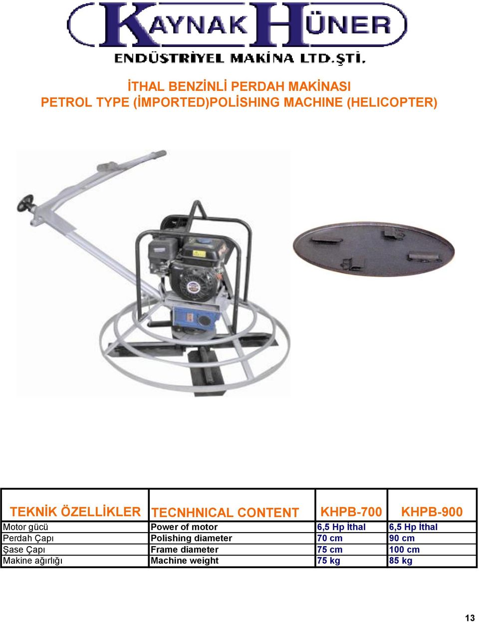 Power of motor 6,5 Hp İthal 6,5 Hp İthal Perdah Çapı Polishing diameter 70 cm