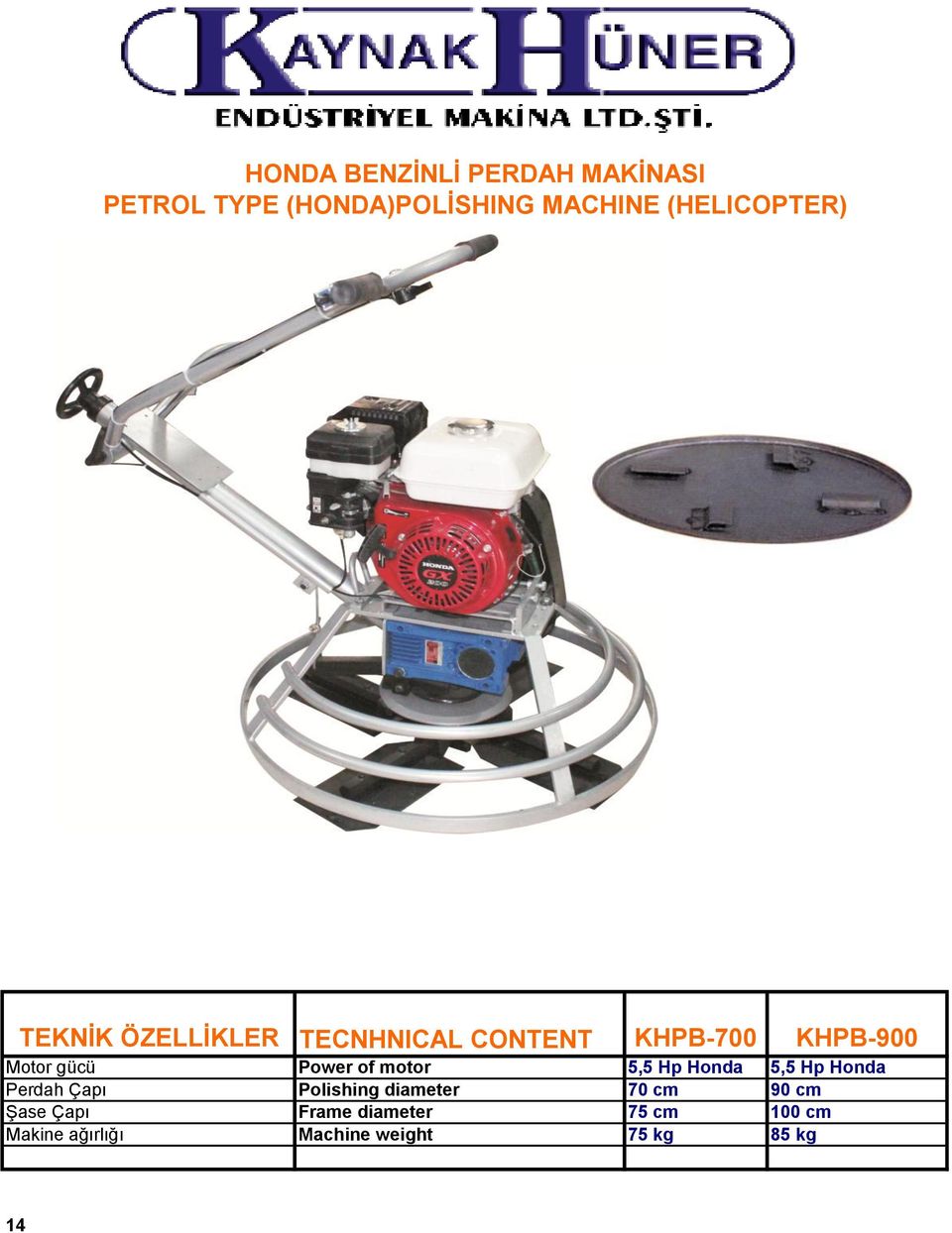 Power of motor 5,5 Hp Honda 5,5 Hp Honda Perdah Çapı Polishing diameter 70 cm