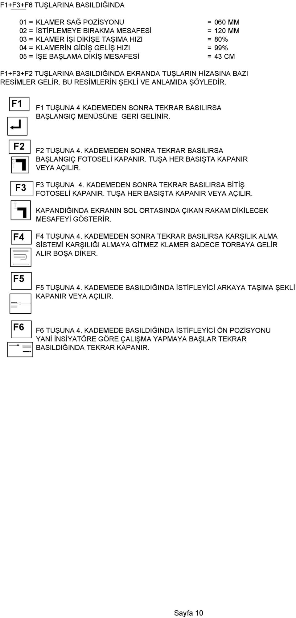 F1 F1 TUŞUNA 4 KADEMEDEN SONRA TEKRAR BASILIRSA BAŞLANGIÇ MENÜSÜNE GERİ GELİNİR. F2 F3 F2 TUŞUNA 4. KADEMEDEN SONRA TEKRAR BASILIRSA BAŞLANGIÇ FOTOSELİ KAPANIR. TUŞA HER BASIŞTA KAPANIR VEYA AÇILIR.