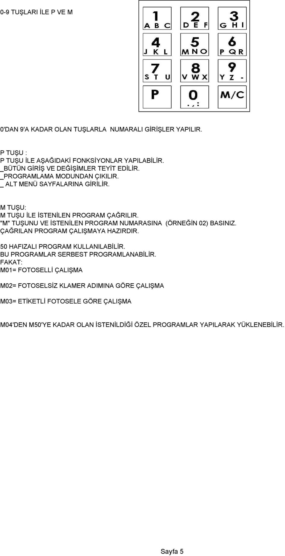 "M" TUŞUNU VE İSTENİLEN PROGRAM NUMARASINA (ÖRNEĞİN 02) BASINIZ. ÇAĞRILAN PROGRAM ÇALIŞMAYA HAZIRDIR. 50 HAFIZALI PROGRAM KULLANILABİLİR.