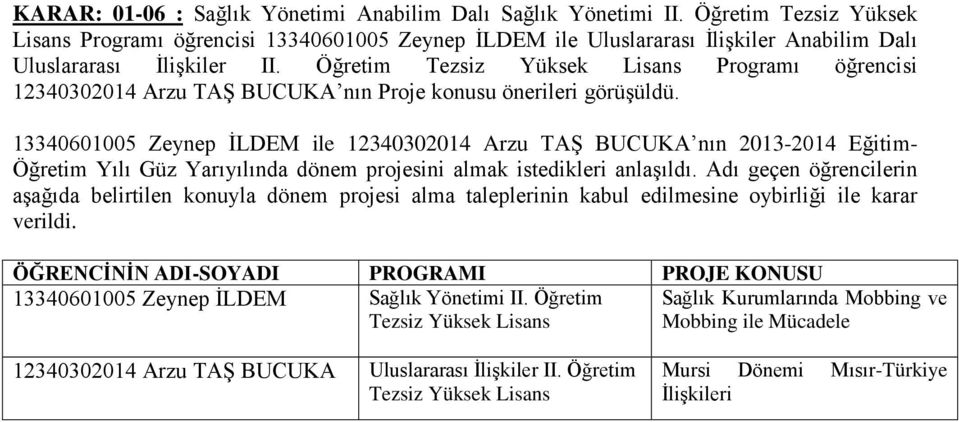13340601005 Zeynep İLDEM ile 12340302014 Arzu TAŞ BUCUKA nın 2013-2014 Eğitim- Öğretim Yılı Güz Yarıyılında dönem projesini almak istedikleri anlaşıldı.