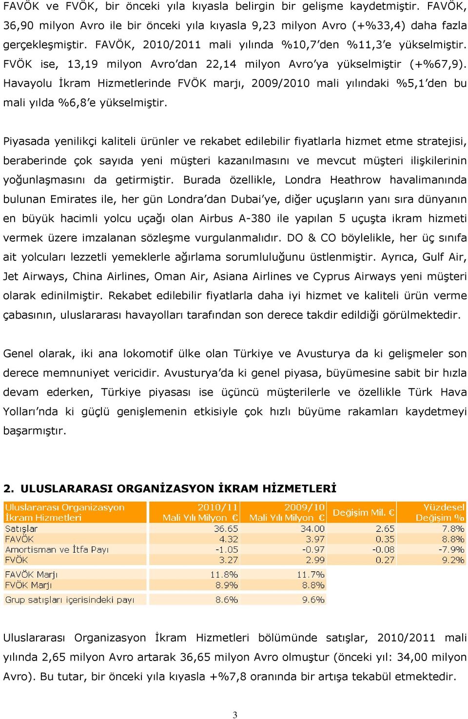 Havayolu İkram Hizmetlerinde FVÖK marjı, 2009/2010 mali yılındaki %5,1 den bu mali yılda %6,8 e yükselmiştir.