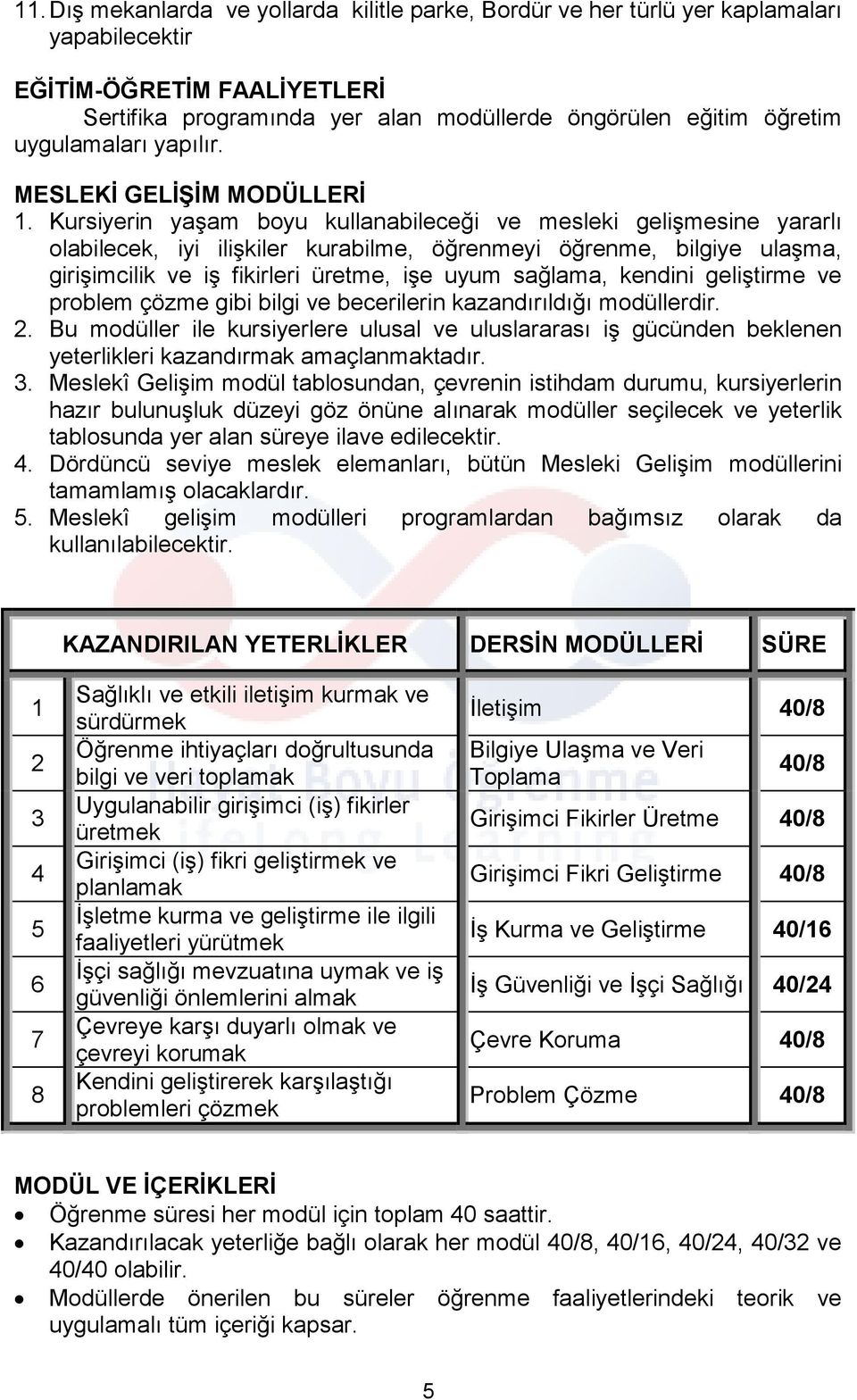 Kursiyerin yaşam boyu kullanabileceği ve mesleki gelişmesine yararlı olabilecek, iyi ilişkiler kurabilme, öğrenmeyi öğrenme, bilgiye ulaşma, girişimcilik ve iş fikirleri üretme, işe uyum sağlama,