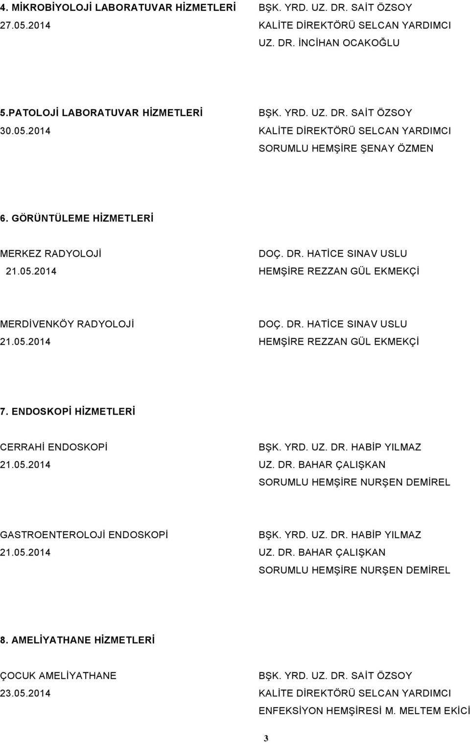 DR. HATİCE SINAV USLU 21.05.2014 HEMŞİRE REZZAN GÜL EKMEKÇİ 7. ENDOSKOPİ HİZMETLERİ CERRAHİ ENDOSKOPİ BŞK. YRD. UZ. DR. HABİP YILMAZ 21.05.2014 UZ. DR. BAHAR ÇALIŞKAN SORUMLU HEMŞİRE NURŞEN DEMİREL GASTROENTEROLOJİ ENDOSKOPİ BŞK.