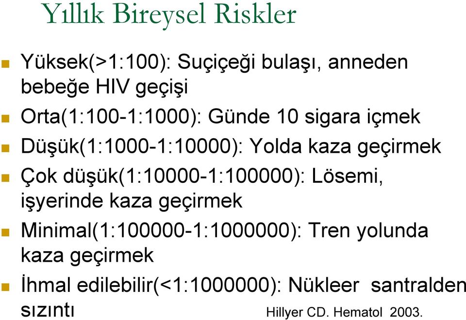 düşük(1:10000-1:100000): Lösemi, işyerinde kaza geçirmek Minimal(1:100000-1:1000000): Tren