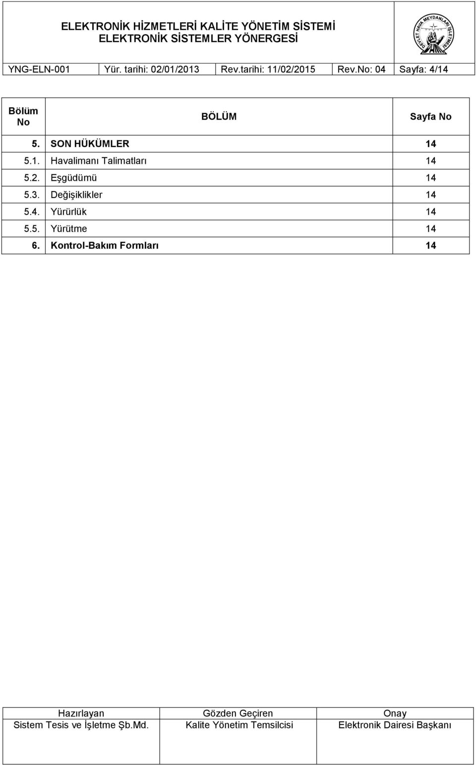 1. Havalimanı Talimatları 14 5.2. Eşgüdümü 14 5.3.