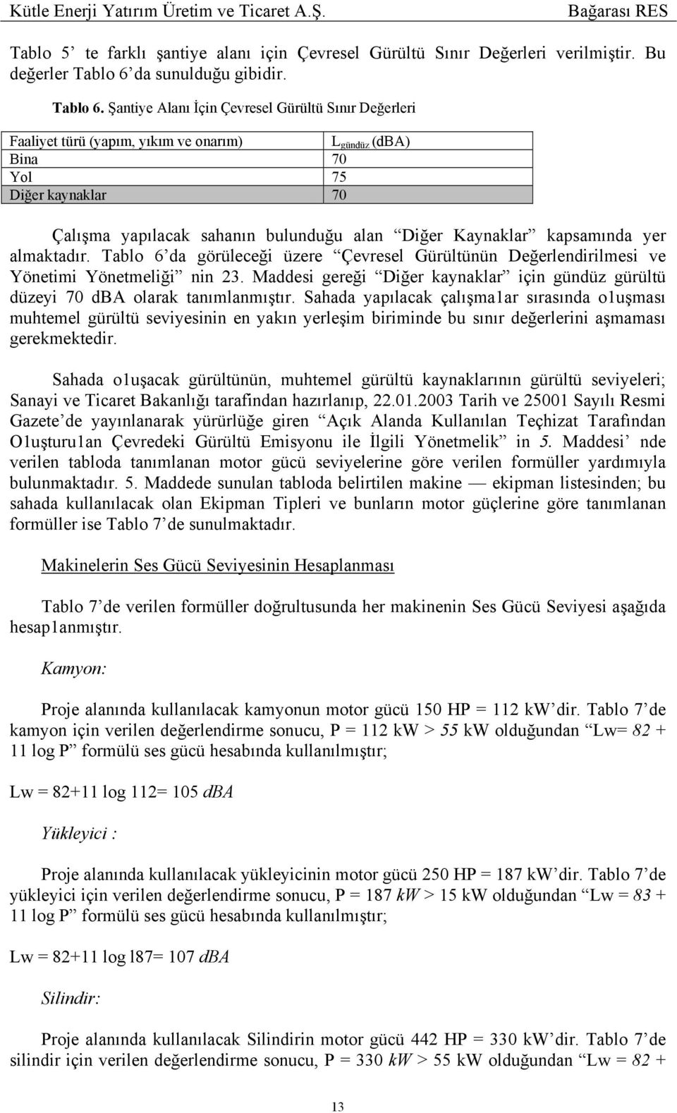 Şantiye Alanı İçin Çevresel Gürültü Sınır Değerleri Faaliyet türü (yapım, yıkım ve onarım) L gündüz (dba) Bina 70 Yol 75 Diğer kaynaklar 70 Çalışma yapılacak sahanın bulunduğu alan Diğer Kaynaklar