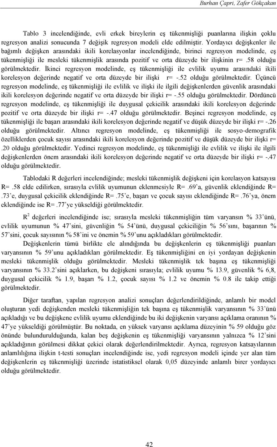 58 olduğu görülmektedir İkinci regresyon modelinde, eş tükenmişliği ile evlilik uyumu arasındaki ikili korelesyon değerinde negatif ve orta düzeyde bir ilişki r= -52 olduğu görülmektedir Üçüncü