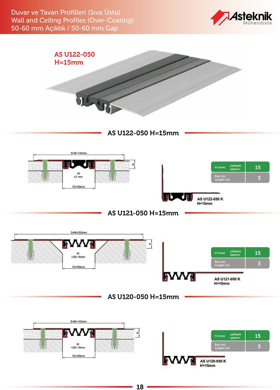 Açıklık / 50-60 mm Gap AS U122-050 H=15mm AS