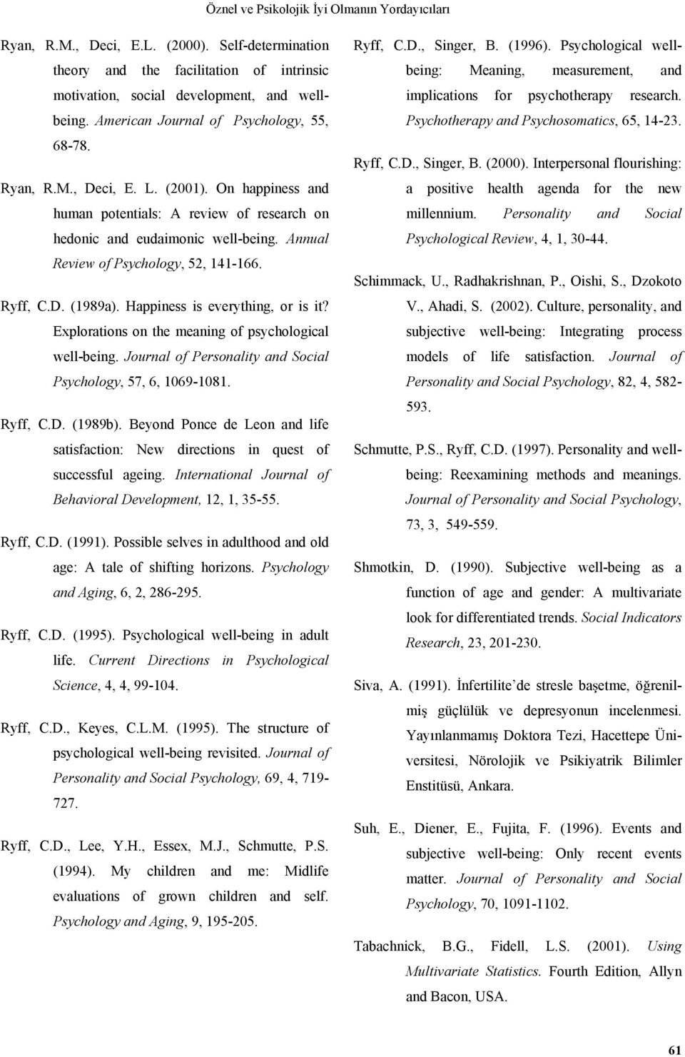 Annual Review of Psychology, 52, 141-166. Ryff, C.D. (1989a). Happiness is everything, or is it? Explorations on the meaning of psychological well-being.