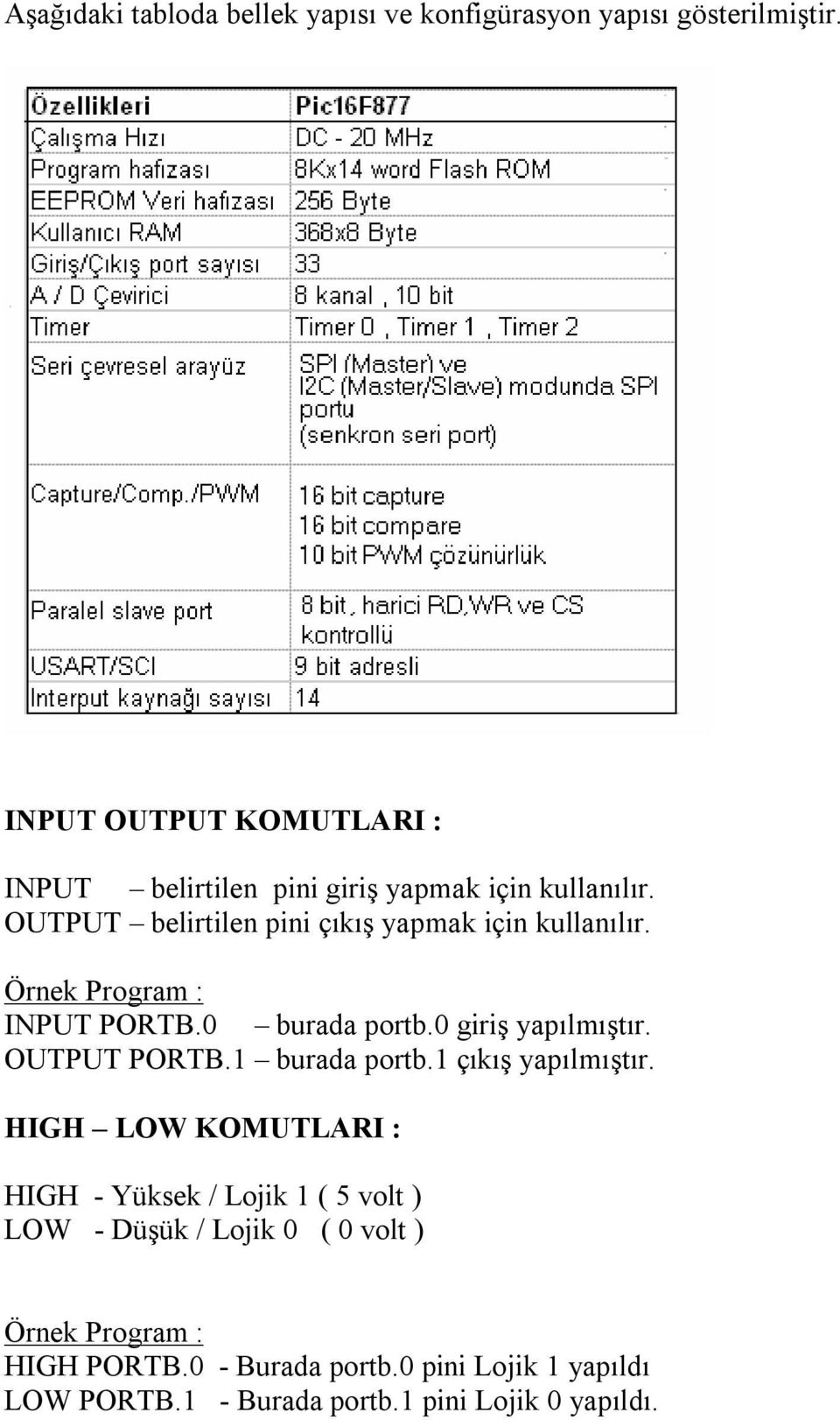 OUTPUT belirtilen pini çıkış yapmak için kullanılır. INPUT PORTB.0 burada portb.0 giriş yapılmıştır. OUTPUT PORTB.