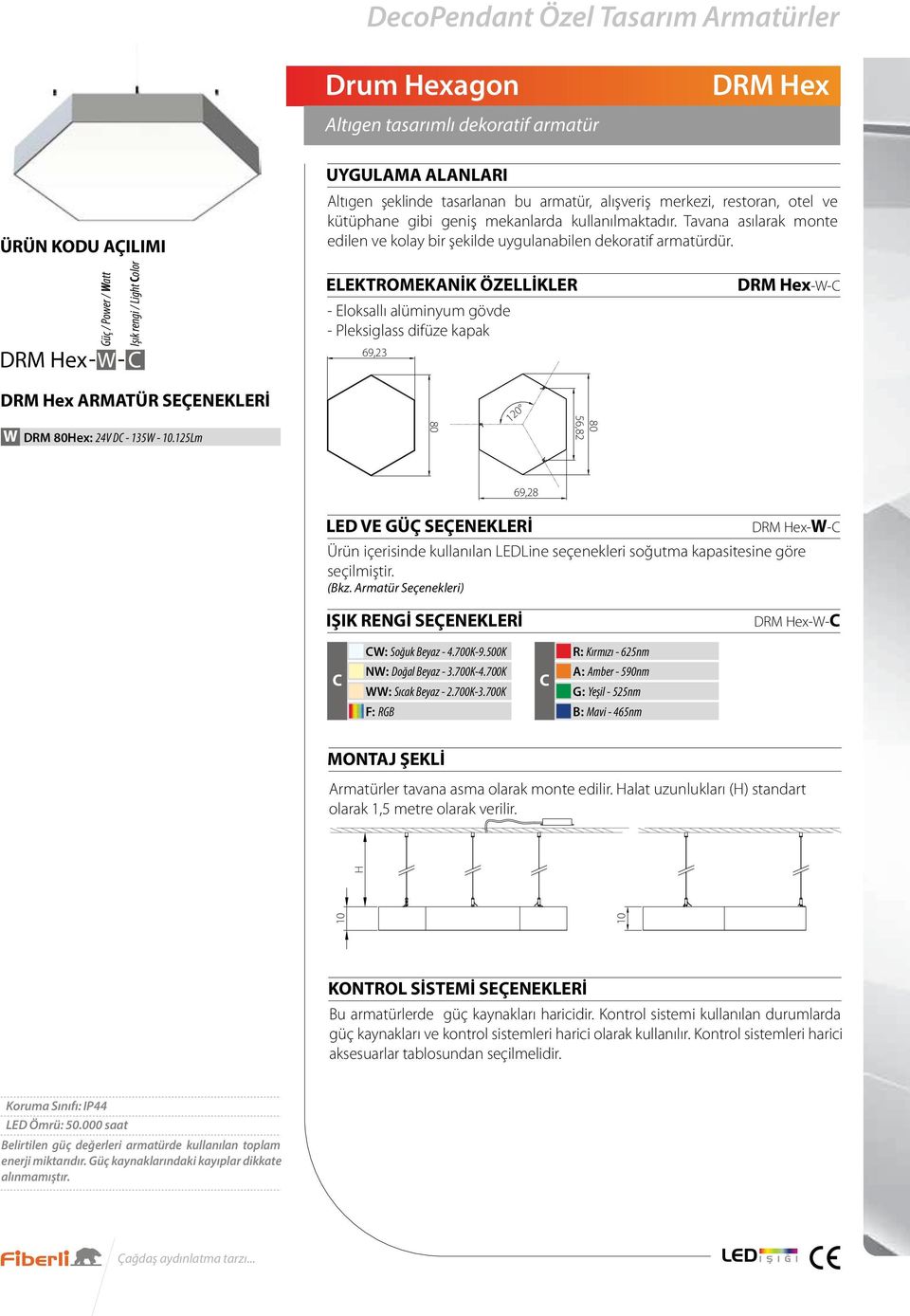 DRM Hex Güç / Power / Watt Işık rengi / Light olor - Eloksallı alüminyum gövde - Pleksiglass difüze kapak 69,23 DRM Hex-W- DRM Hex ARMATÜR SEÇENEKLERİ W DRM 80Hex: 24V D - 135W - 10.