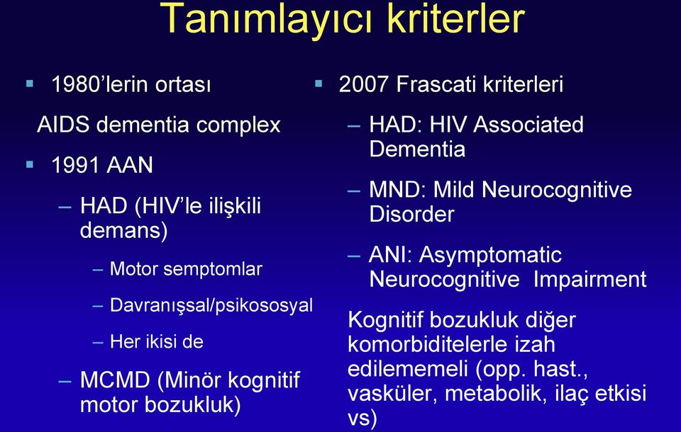 kriterleri HAD: HIV Associated Dementia MND: Mild Neurocognitive Disorder ANI: Asymptomatic Neurocognitive