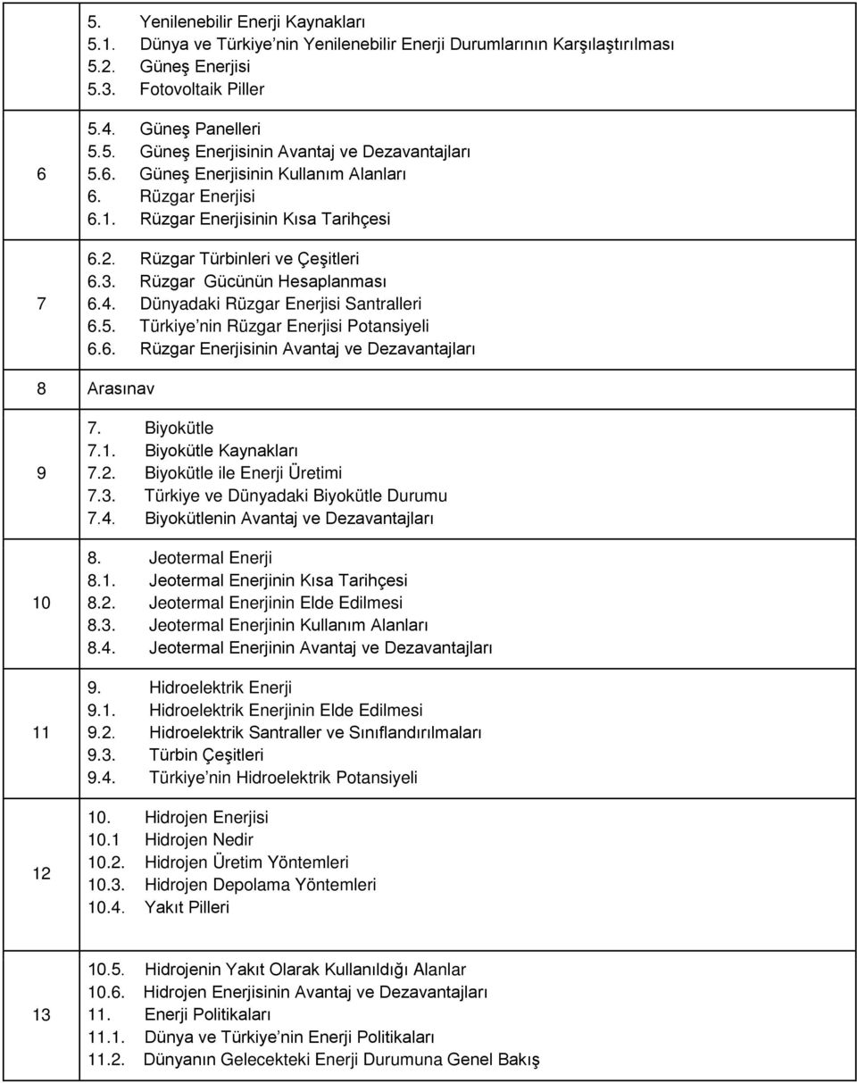 Dünyadaki Rüzgar Enerjisi Santralleri 6.5. Türkiye nin Rüzgar Enerjisi Potansiyeli 6.6. Rüzgar Enerjisinin Avantaj ve Dezavantajları 8 Arasınav 9 10 11 12 7. Biyokütle 7.1. Biyokütle Kaynakları 7.2. Biyokütle ile Enerji Üretimi 7.