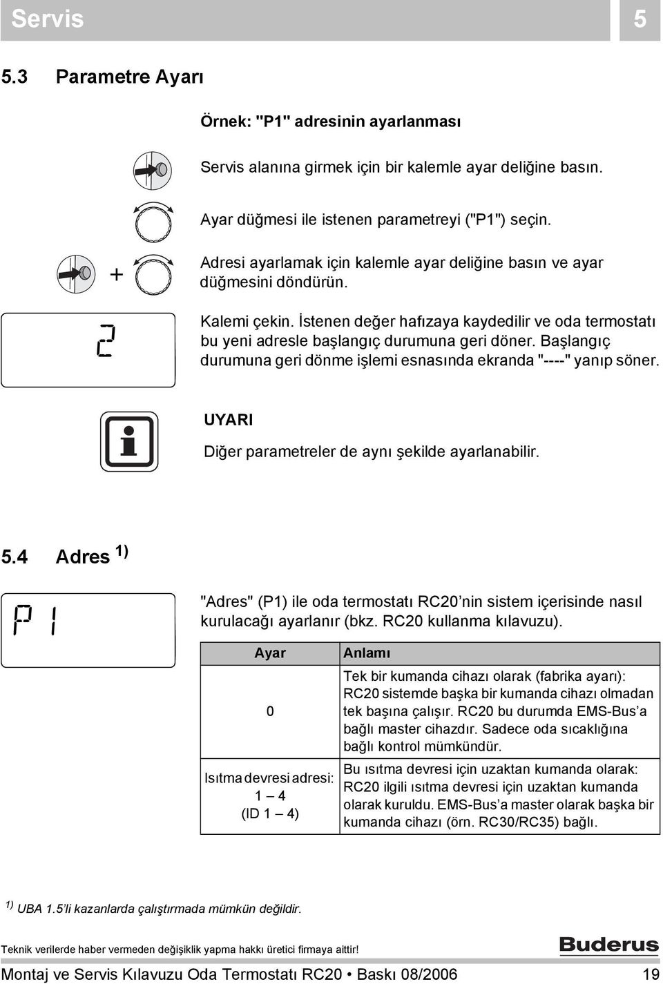 Başlangıç durumuna geri dönme işlemi esnasında ekranda "----" yanıp söner. Diğer parametreler de aynı şekilde ayarlanabilir. 5.