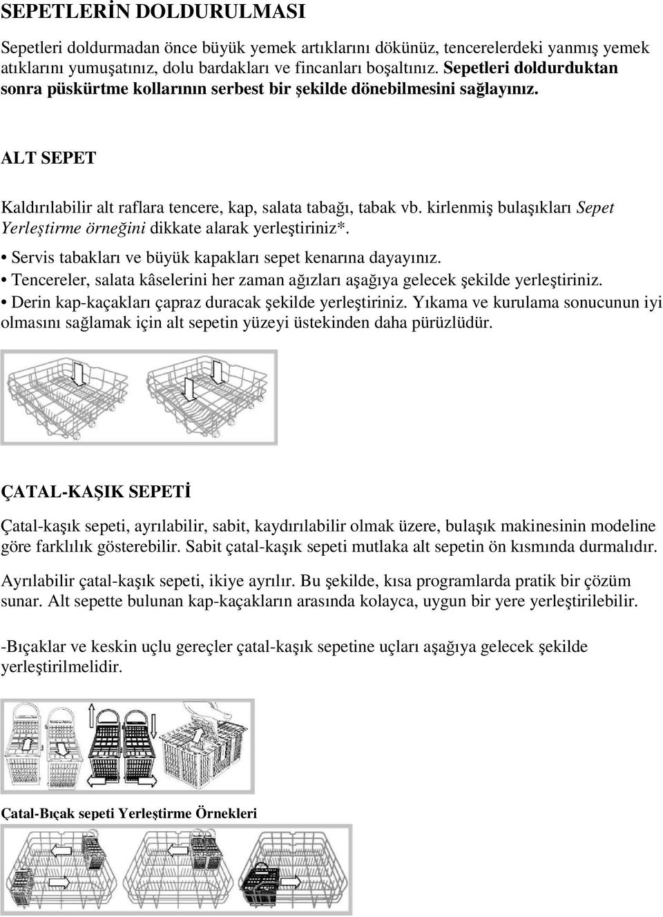 kirlenmiş bulaşıkları Sepet Yerleştirme örneğini dikkate alarak yerleştiriniz*. Servis tabakları ve büyük kapakları sepet kenarına dayayınız.