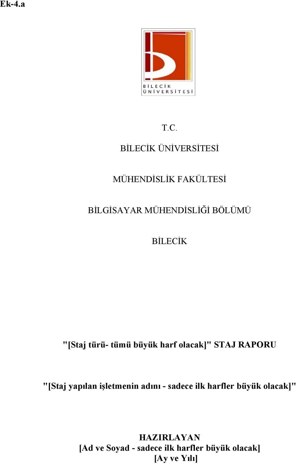 BÖLÜMÜ BİLECİK "[Staj türü- tümü büyük harf olacak]" STAJ RAPORU