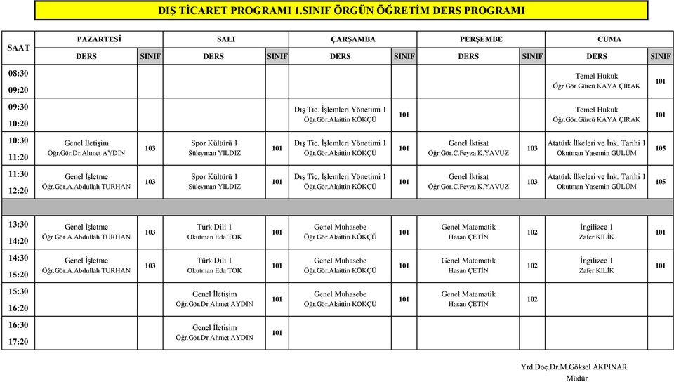 YAVUZ Okutman Yasemin GÜLÜM 11:30 Genel İşletme Spor Kültürü 1 Dış Tic. İşlemleri Yönetimi 1 Genel İktisat Atatürk İlkeleri ve İnk. Tarihi 1 Öğr.Gör.A.Abdullah TURHAN Süleyman YILDIZ Öğr.Gör.Alaittin KÖKÇÜ Öğr.