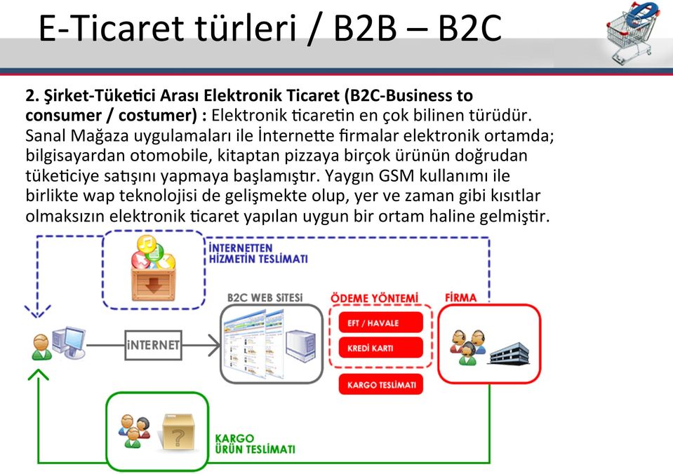 Sanal Mağaza uygulamaları ile İnterneke firmalar elektronik ortamda; bilgisayardan otomobile, kitaptan pizzaya birçok