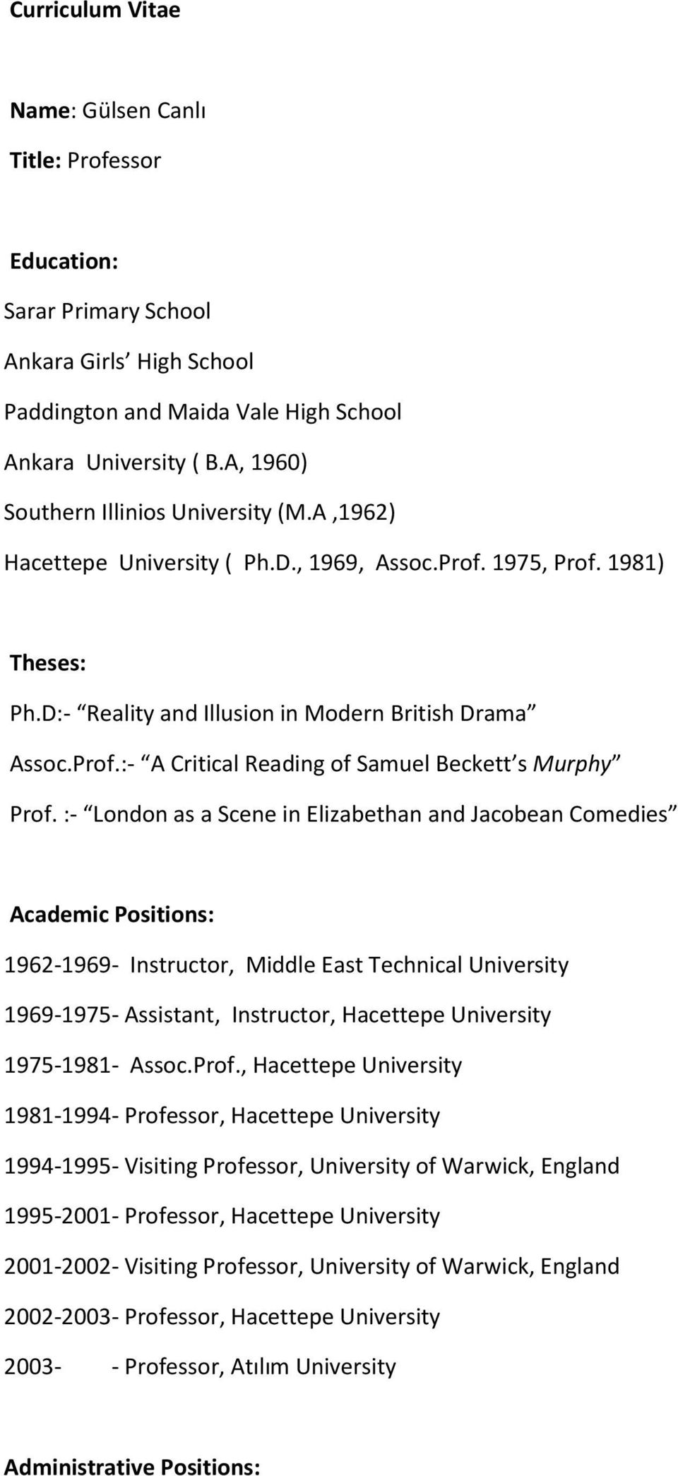 :- London as a Scene in Elizabethan and Jacobean Comedies Academic Positions: 1962-1969- Instructor, Middle East Technical University 1969-1975- Assistant, Instructor, Hacettepe University 1975-1981-