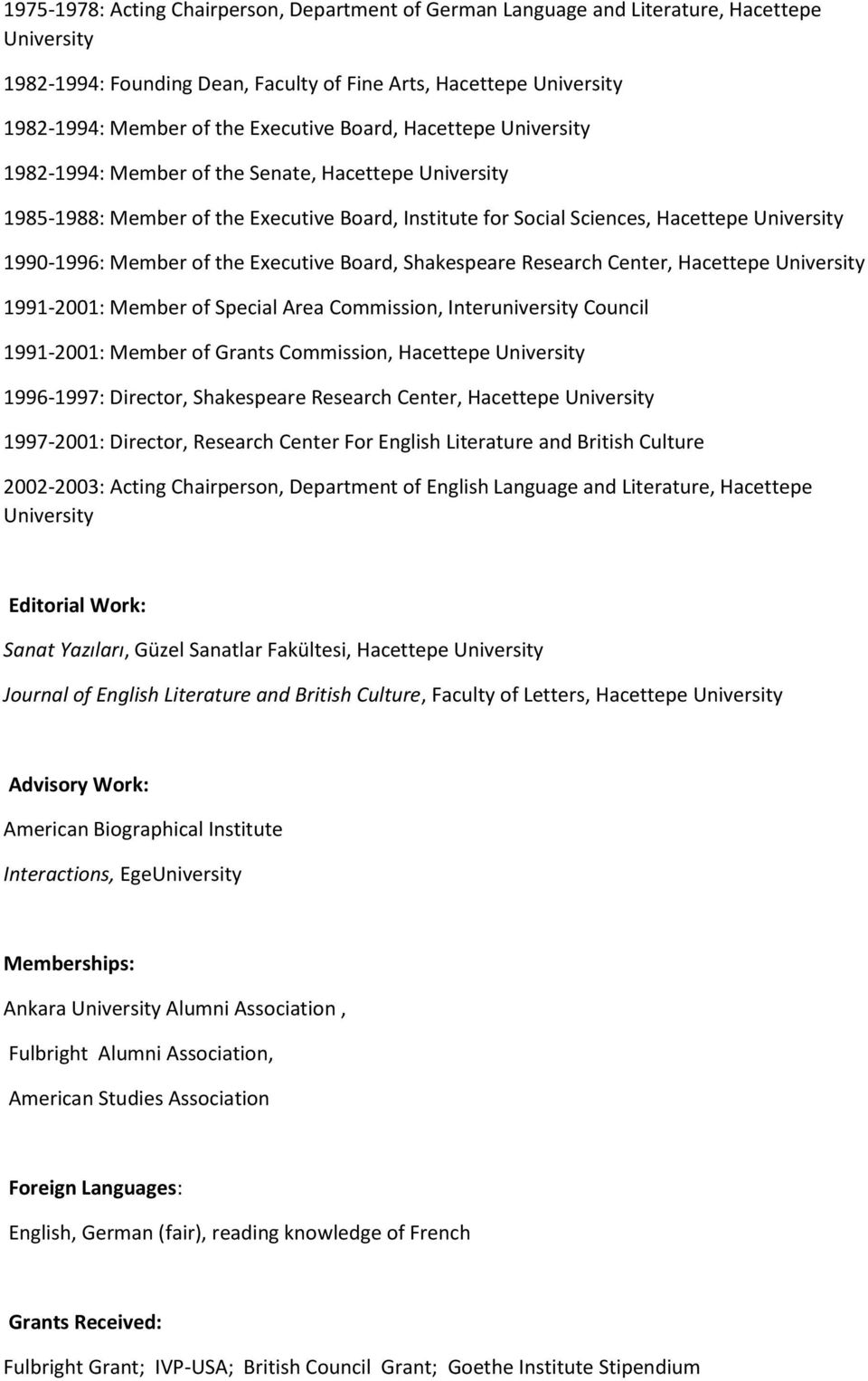 Member of the Executive Board, Shakespeare Research Center, Hacettepe University 1991-2001: Member of Special Area Commission, Interuniversity Council 1991-2001: Member of Grants Commission,