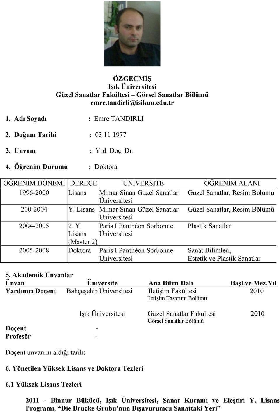 Lisans Mimar Sinan Güzel Sanatlar Güzel Sanatlar, Resim Bölümü 2004-2005 2. Y.