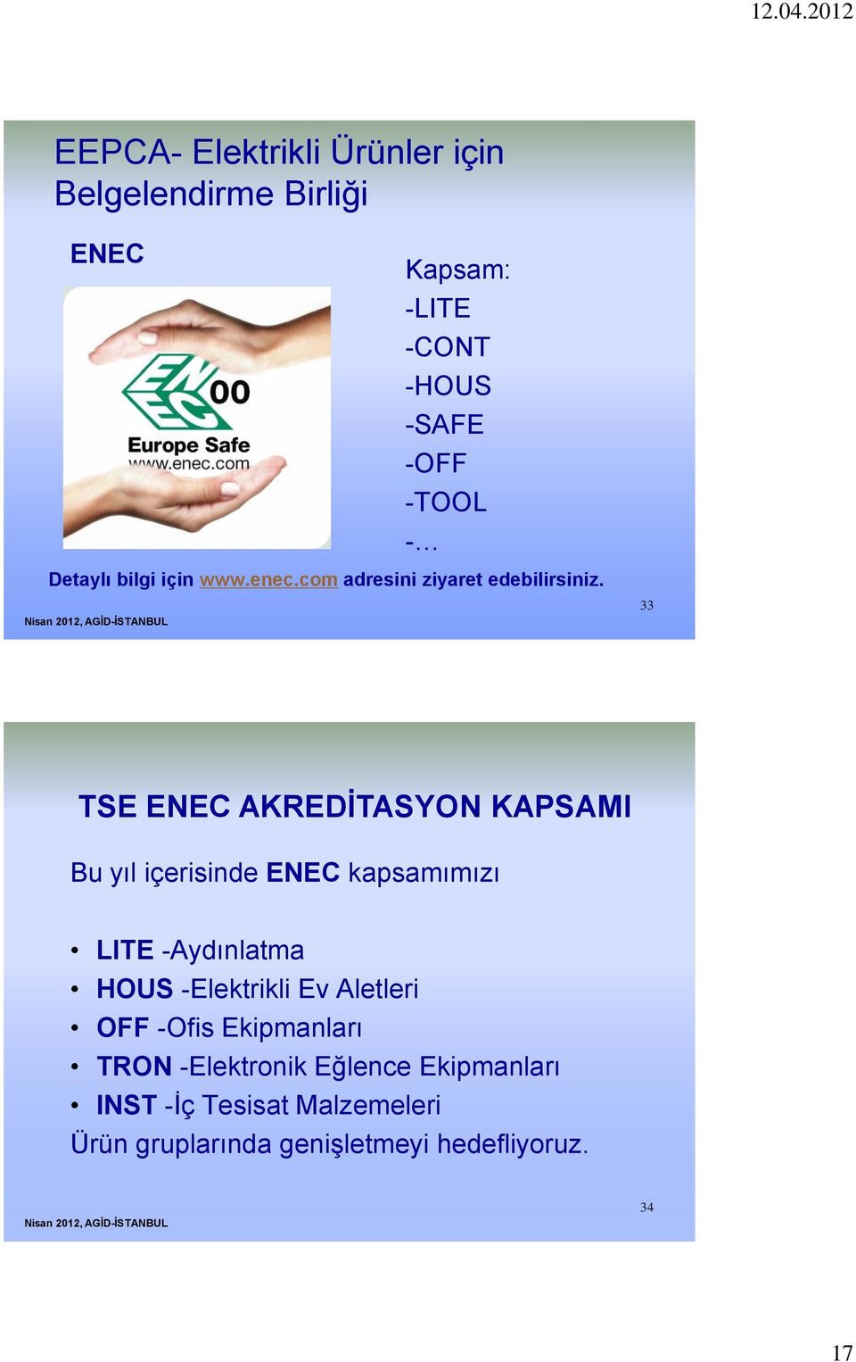 33 TSE ENEC AKREDĠTASYON KAPSAMI Bu yıl içerisinde ENEC kapsamımızı LITE -Aydınlatma HOUS -Elektrikli Ev