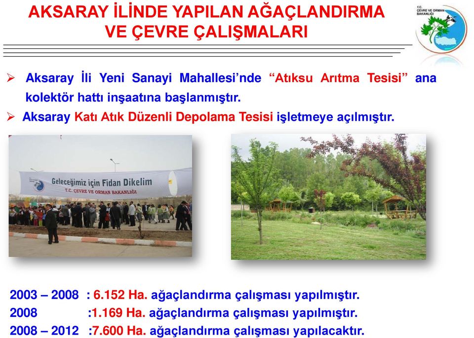 Aksaray Katı Atık Düzenli Depolama Tesisi işletmeye açılmıştır. 2003 2008 : 6.152 Ha.