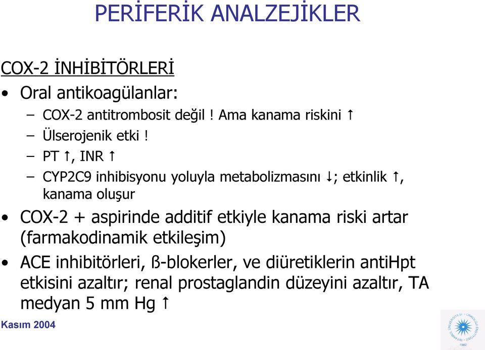 PT, INR CYP2C9 inhibisyonu yoluyla metabolizmasını ; etkinlik, kanama oluşur COX-2 + aspirinde additif