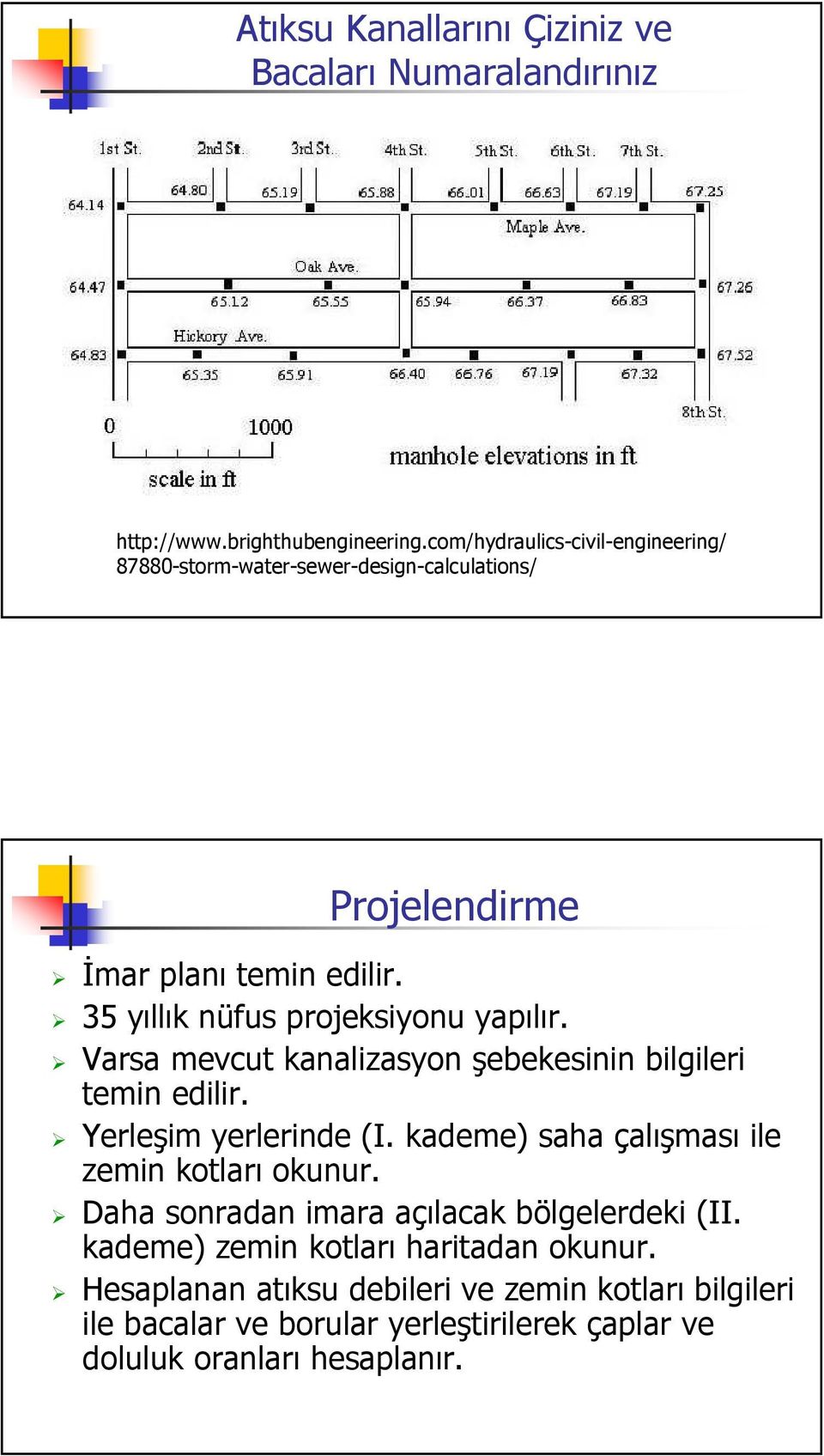 Varsa mevcut kanalizasyon şebekesinin bilgileri temin edilir. Yerleşim yerlerinde (I. kademe) saha çalışması ile zemin kotları okunur.