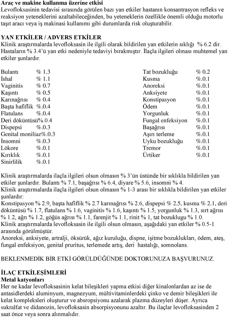 YAN ETKİLER / ADVERS ETKİLER Klinik araģtırmalarda levofloksasin ile ilgili olarak bildirilen yan etkilerin sıklığı % 6.2 dir. Hastaların % 3.4 ü yan etki nedeniyle tedaviyi bırakmıģtır.