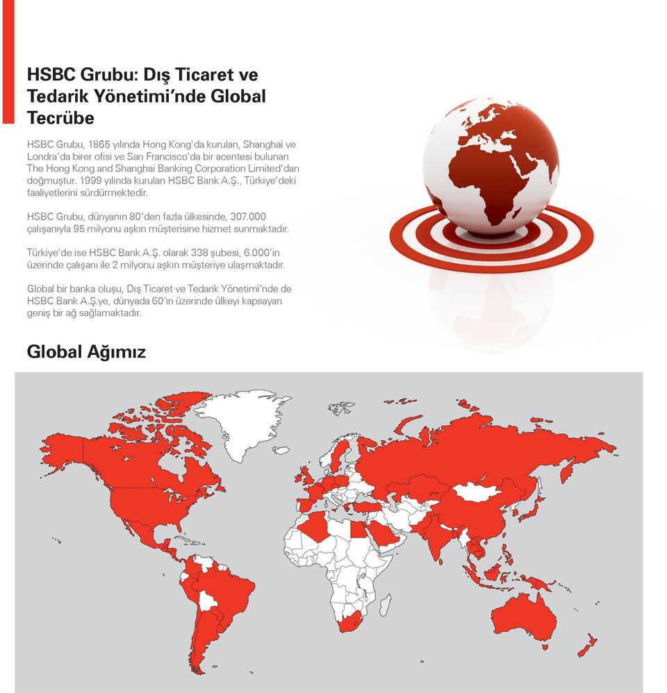 HSBC Grubu, dünyanın 80 den fazla ülkesinde, 307.000 çalışanıyla 95 milyonu aşkın müşterisine hizmet sunmaktadır. Türkiye de ise HSBC Bank A.Ş. olarak 338 şubesi, 6.