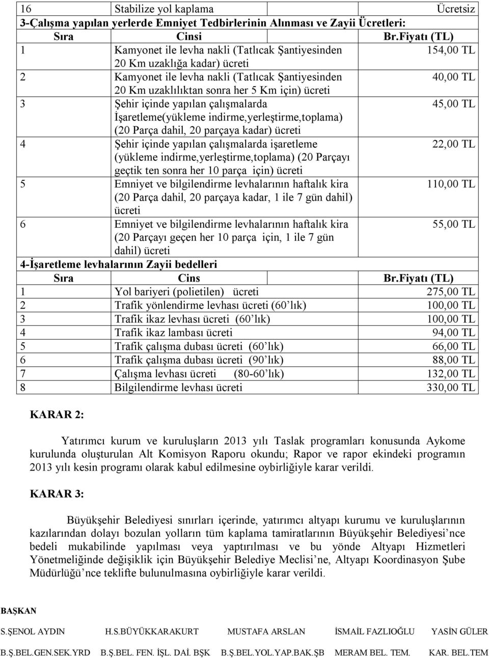 için) ücreti 3 Şehir içinde yapılan çalışmalarda 45,00 TL İşaretleme(yükleme indirme,yerleştirme,toplama) (20 Parça dahil, 20 parçaya kadar) ücreti 4 Şehir içinde yapılan çalışmalarda işaretleme