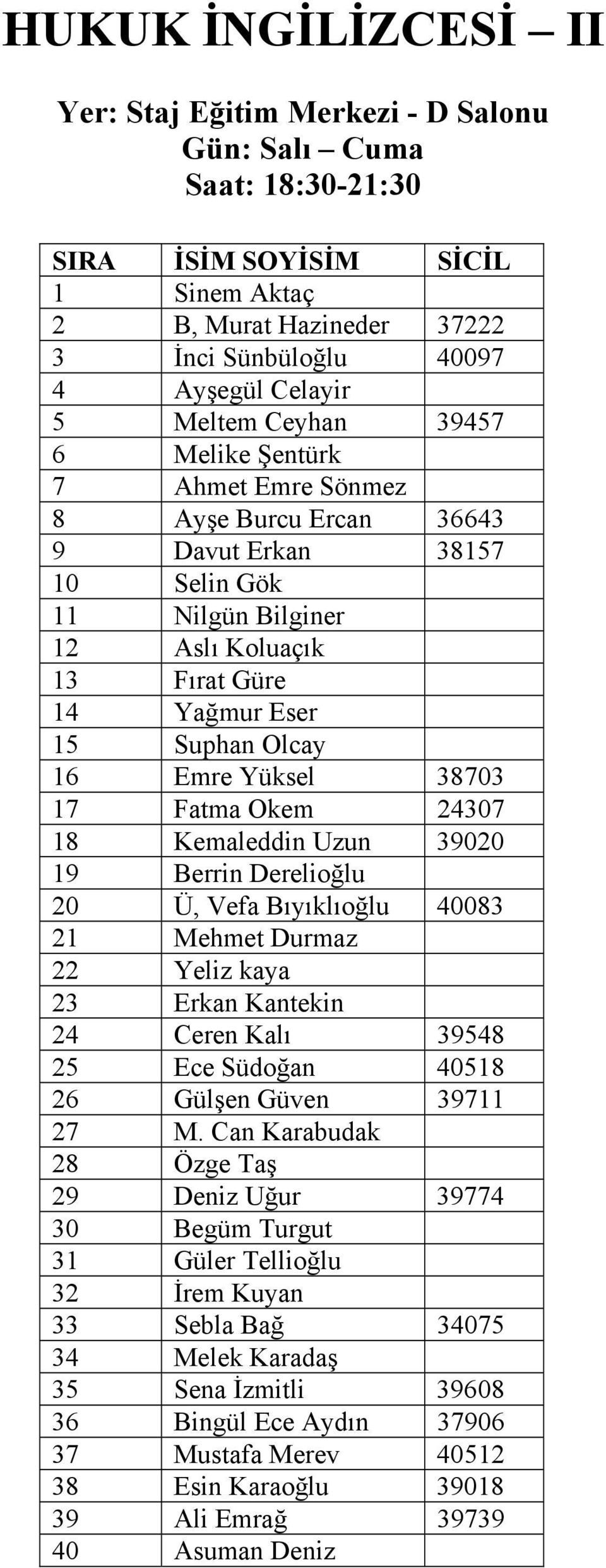 Emre Yüksel 38703 17 Fatma Okem 24307 18 Kemaleddin Uzun 39020 19 Berrin Derelioğlu 20 Ü, Vefa Bıyıklıoğlu 40083 21 Mehmet Durmaz 22 Yeliz kaya 23 Erkan Kantekin 24 Ceren Kalı 39548 25 Ece Südoğan