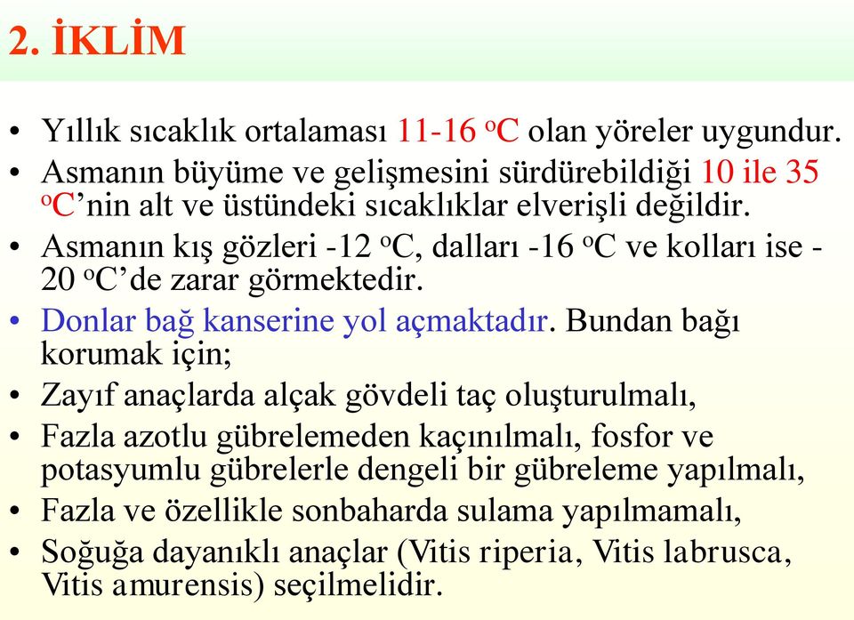 Asmanın kış gözleri -12 o C, dalları -16 o C ve kolları ise - 20 o C de zarar görmektedir. Donlar bağ kanserine yol açmaktadır.