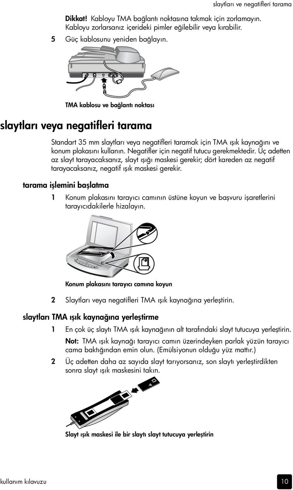 Negatifler için negatif tutucu gerekmektedir. Üç adetten az slayt tarayacaksanız, slayt ışığı maskesi gerekir; dört kareden az negatif tarayacaksanız, negatif ışık maskesi gerekir.