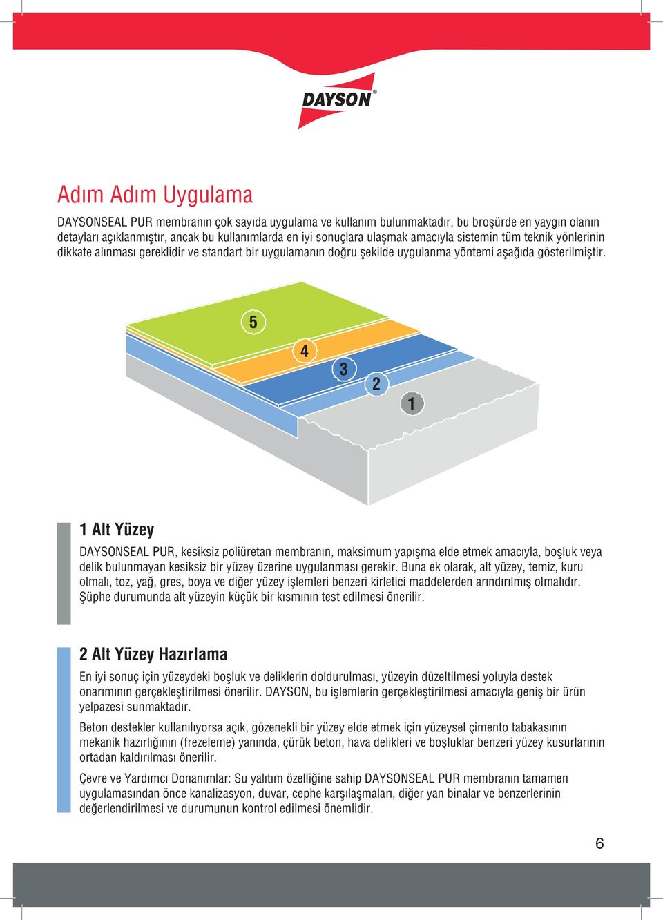 5 Alt Yüzey DAYSONSEAL PUR, kesiksiz poliüretan membranın, maksimum yapışma elde etmek amacıyla, boşluk veya delik bulunmayan kesiksiz bir yüzey üzerine uygulanması gerekir.