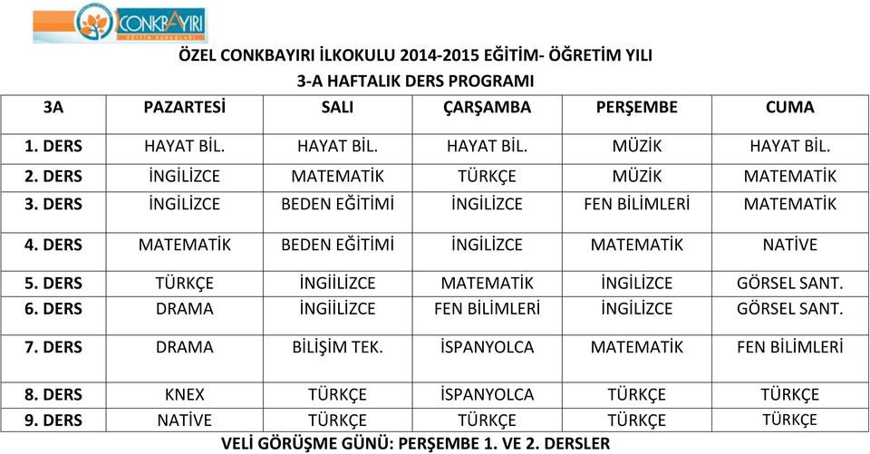 DERS MATEMATİK BEDEN EĞİTİMİ İNGİLİZCE MATEMATİK NATİVE 5. DERS TÜRKÇE İNGİİLİZCE MATEMATİK İNGİLİZCE GÖRSEL SANT. 6.