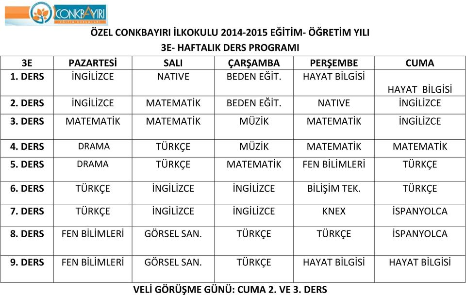 DERS DRAMA TÜRKÇE MÜZİK MATEMATİK MATEMATİK 5. DERS DRAMA TÜRKÇE MATEMATİK FEN BİLİMLERİ TÜRKÇE 6. DERS TÜRKÇE İNGİLİZCE İNGİLİZCE BİLİŞİM TEK. TÜRKÇE 7.