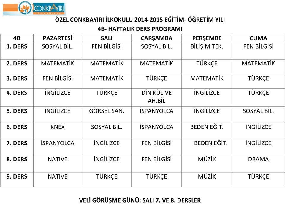 BİL İNGİLİZCE TÜRKÇE 5. DERS İNGİLİZCE GÖRSEL SAN. İSPANYOLCA İNGİLİZCE SOSYAL BİL. 6. DERS KNEX SOSYAL BİL. İSPANYOLCA BEDEN EĞİT. İNGİLİZCE 7.