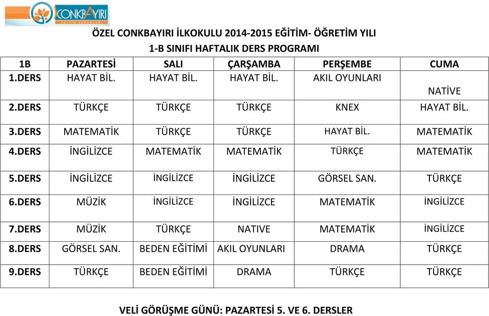 DERS İNGİLİZCE MATEMATİK MATEMATİK TÜRKÇE MATEMATİK 5.DERS İNGİLİZCE İNGİLİZCE İNGİLİZCE GÖRSEL SAN. TÜRKÇE 6.