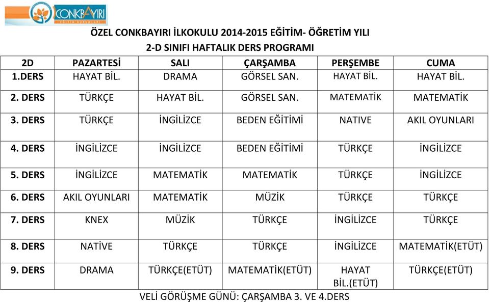 DERS İNGİLİZCE MATEMATİK MATEMATİK TÜRKÇE İNGİLİZCE 6. DERS AKIL OYUNLARI MATEMATİK MÜZİK TÜRKÇE TÜRKÇE 7. DERS KNEX MÜZİK TÜRKÇE İNGİLİZCE TÜRKÇE 8.