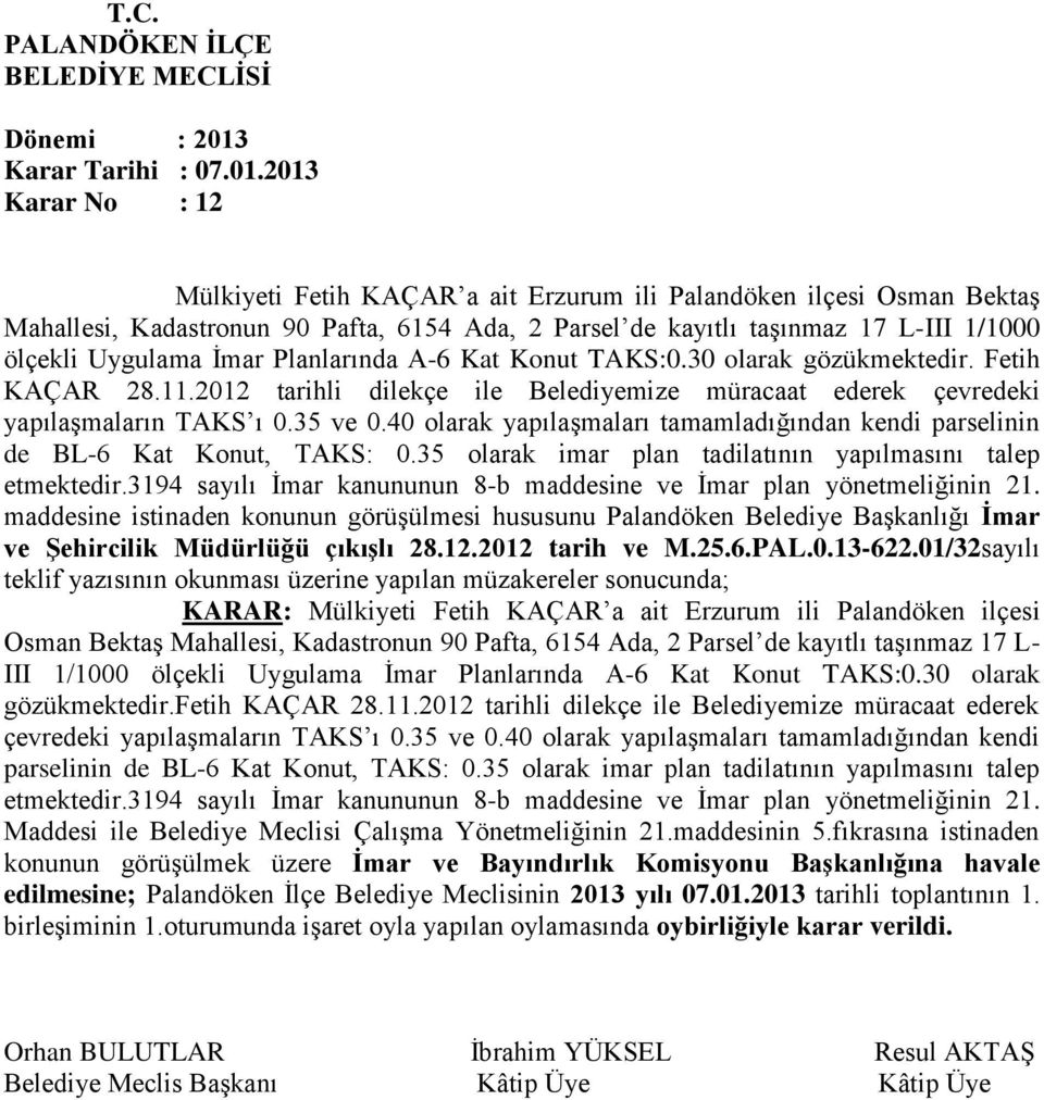 Planlarında A-6 Kat Konut TAKS:0.30 olarak gözükmektedir. Fetih KAÇAR 28.11.2012 tarihli dilekçe ile Belediyemize müracaat ederek çevredeki yapılaşmaların TAKS ı 0.35 ve 0.