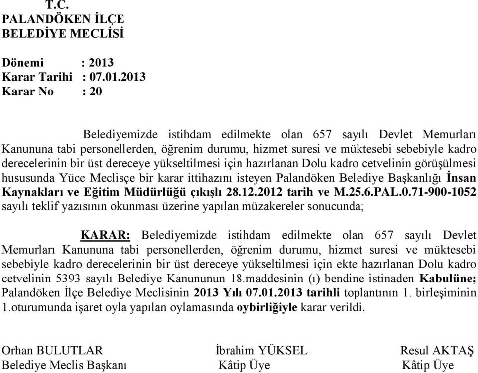 dereceye yükseltilmesi için hazırlanan Dolu kadro cetvelinin görüşülmesi hususunda Yüce Meclisçe bir karar ittihazını isteyen Palandöken Belediye Başkanlığı İnsan Kaynakları ve Eğitim Müdürlüğü