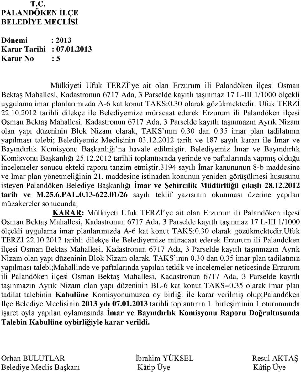 planlarımızda A-6 kat konut TAKS:0.30 olarak gözükmektedir. Ufuk TERZİ 22.10.