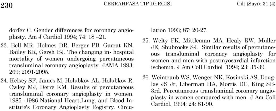 Results of percutaneous transluminal coronary angioplasty in women. 1985-1986 National Heart,Lung, and Blood Institute's Coronary Angioplasty Registry. Circulation 1993; 87: 20-27. 25.